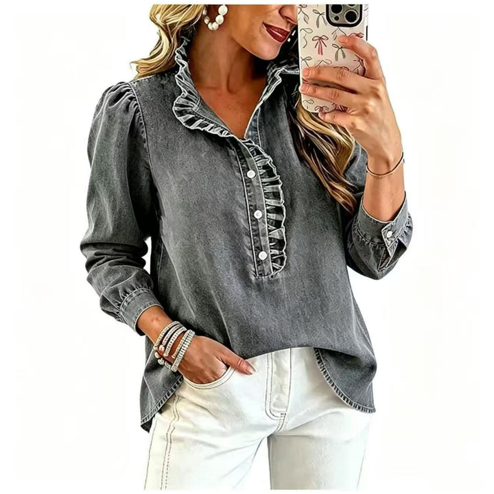 Damen Denim-Bluse mit Rüschenkragen und Puffärmeln Echo Archiv
