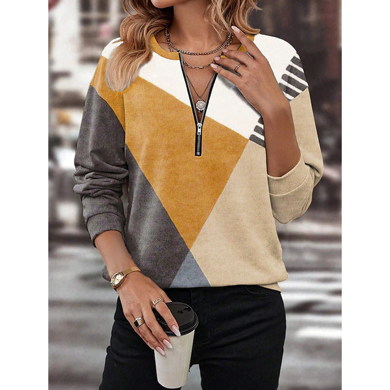 Damen Freizeitsweatshirt mit Halbzipp und geometrischem Farbkombinationsmuster Echoarchiv