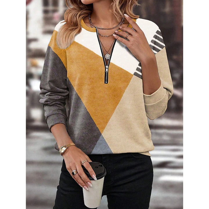 Damen Freizeitsweatshirt mit Halbzipp und geometrischem Farbkombinationsmuster Echoarchiv