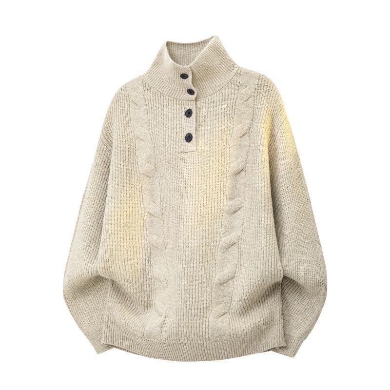 Damen Oversize Zopfstrickpullover mit hohem Rollkragen und Knopfleiste Echoarchiv