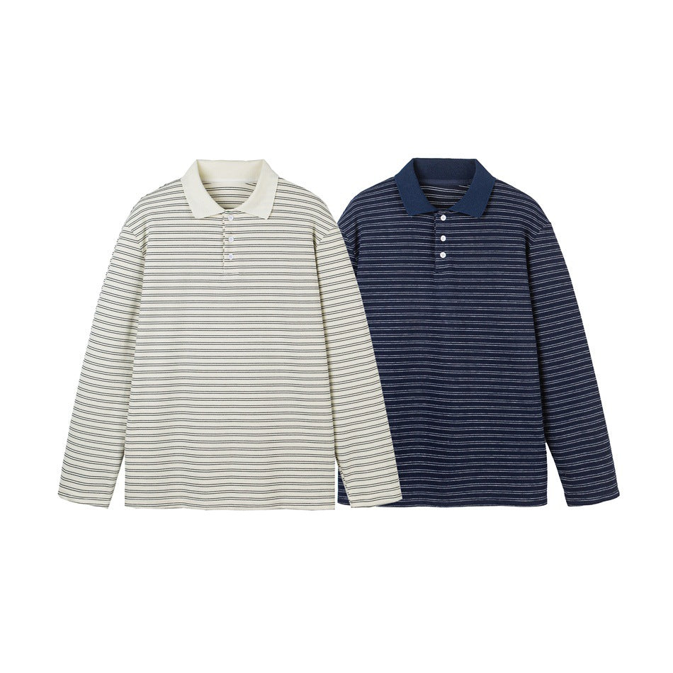 Herren Langarm-Poloshirt aus feinem Baumwollstrick mit Kentkragen und feiner Streifenstruktur Echoarchiv