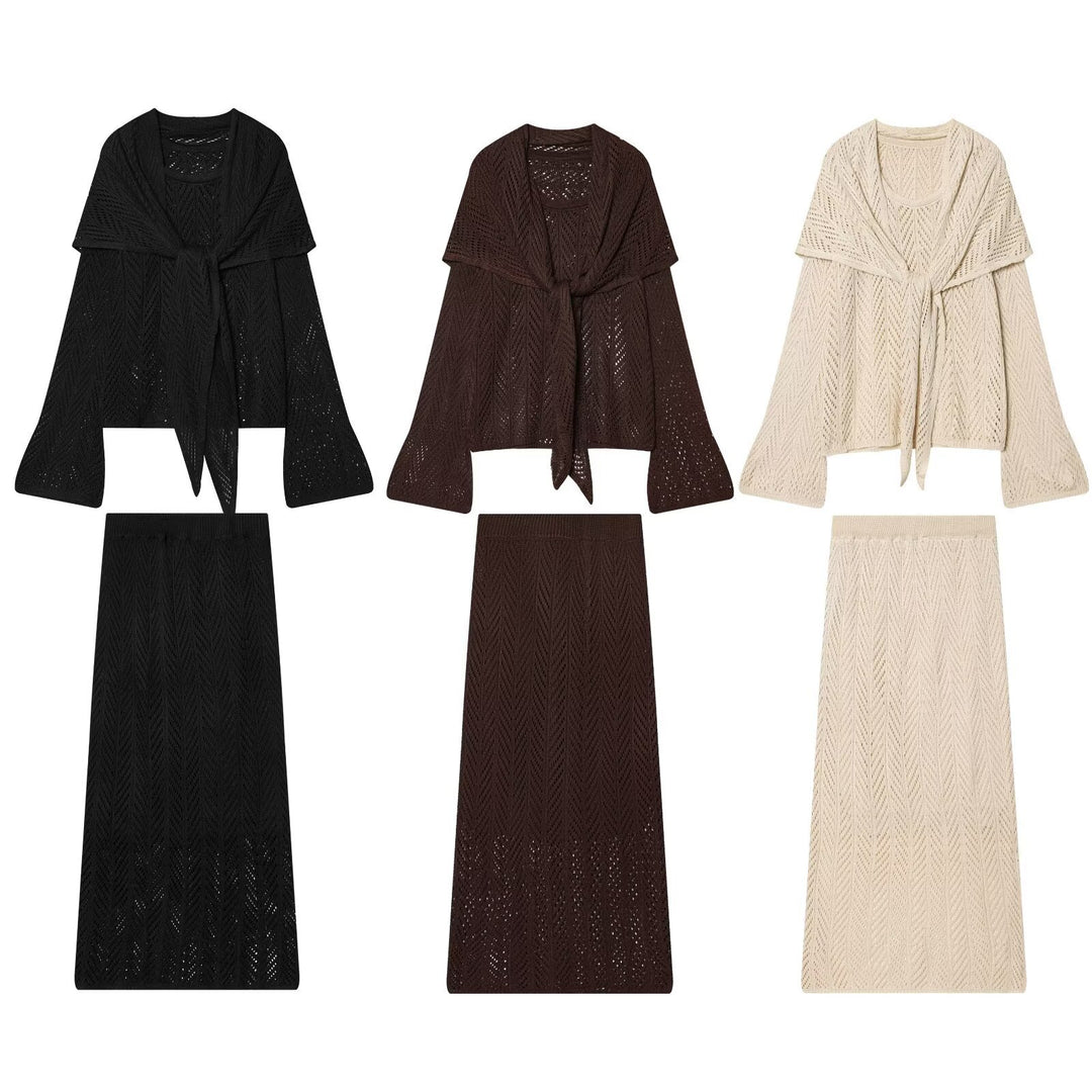 Damen Ajourstrick-Set mit offener Cardigan und Midirock Echo Archiv