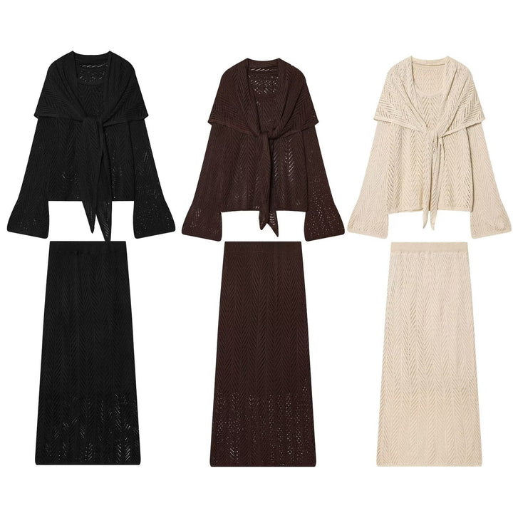 Damen Ajourstrick-Set mit offener Cardigan und Midirock Echo Archiv