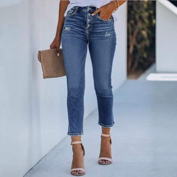 Damen Hochtaillierte Slim-Jeans mit sichtbarer Knopfleiste und knöchellanger Passform Echo Archiv