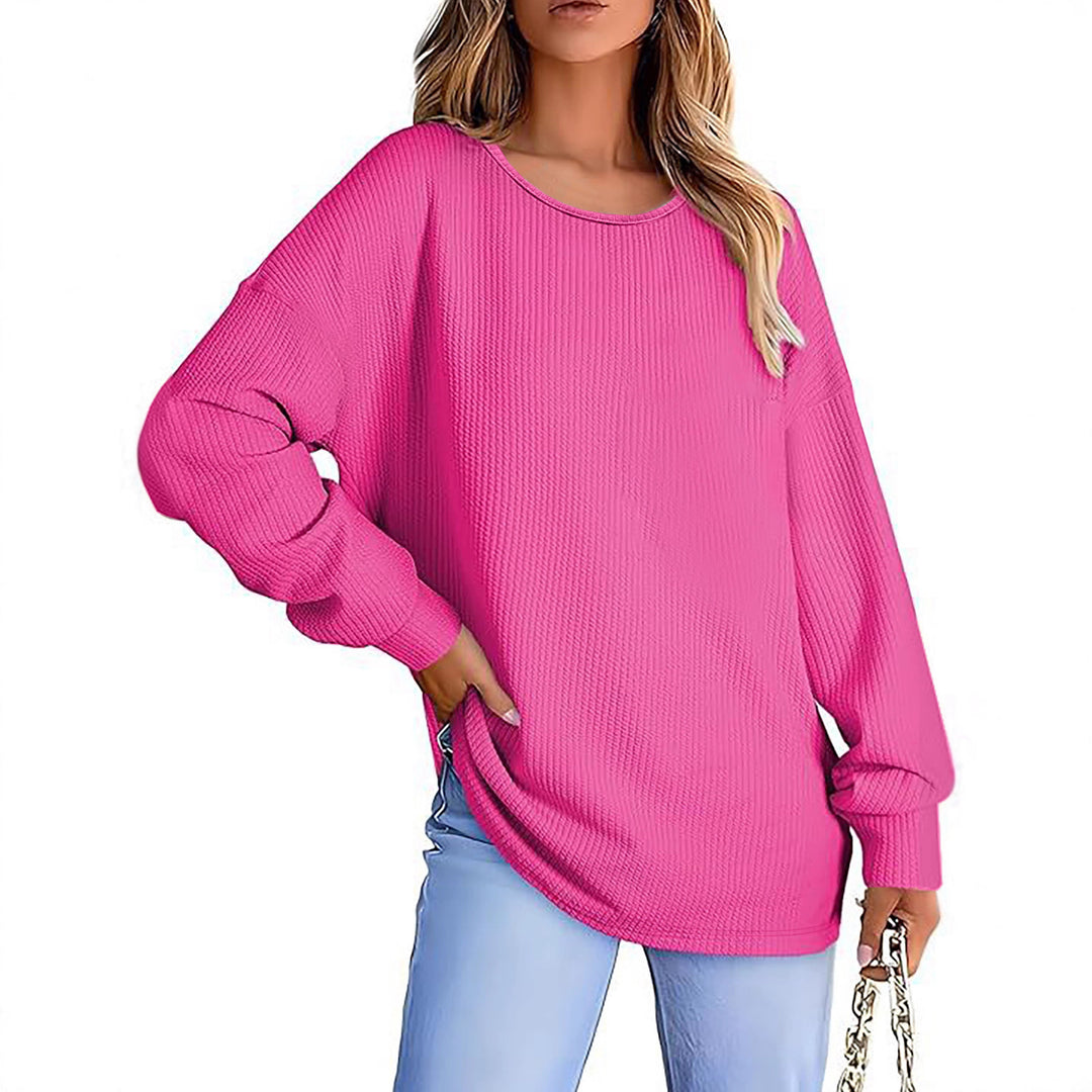Damen Oversize Waffelstrickpullover mit Rundhals, Ballonärmeln und verlängertem Saum Echoarchiv