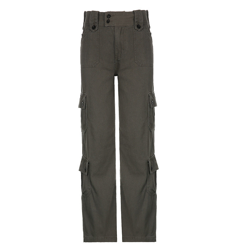 Damen nan hohe Taille Cargo-Hose mit geradem Bein, mehrfachen Klappentaschen und markanten Knopfdetails Echo Archiv