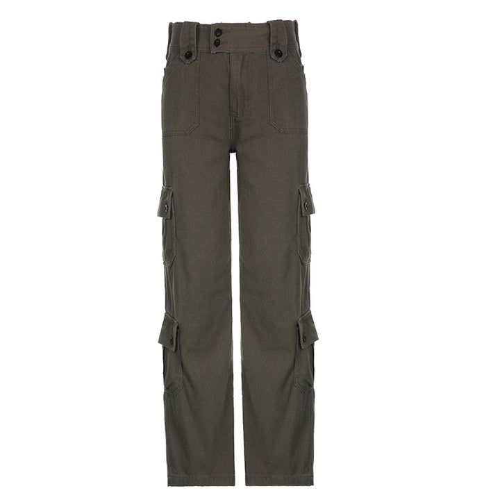 Damen nan hohe Taille Cargo-Hose mit geradem Bein, mehrfachen Klappentaschen und markanten Knopfdetails Echo Archiv