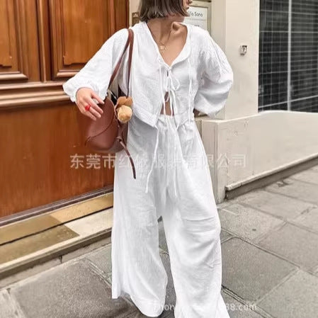 Damen Leichtes Crinkle-Zweiteiler mit Bindetop und weitem Palazzohosen-Schnitt – Élanora
