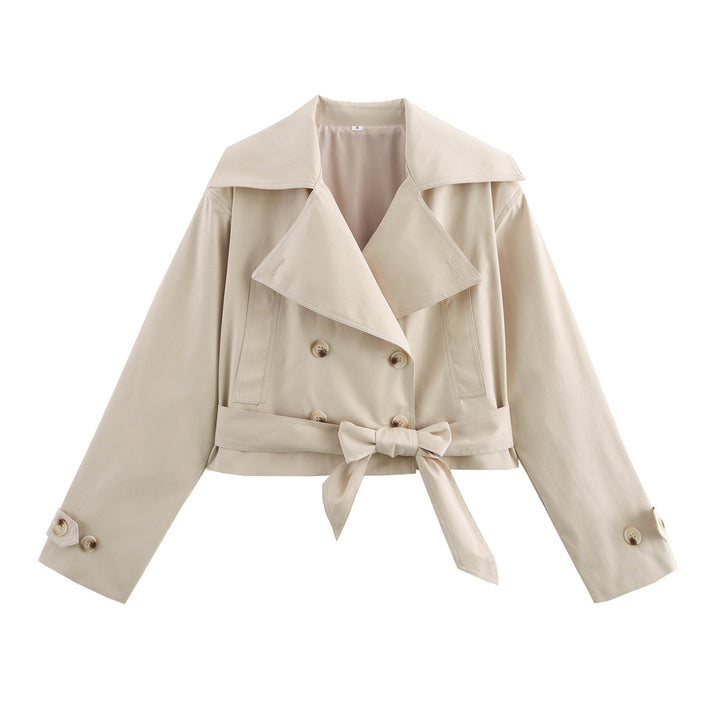 Damen Cropped Trenchjacke mit breitem Revers, Taillengürtel und Doppelknopfreihe Echo Archiv