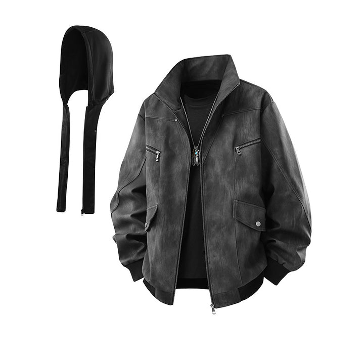 Herren Oversize-Blouson aus Kunstleder mit abnehmbarem Kapuzen‑Einsatz, Stehkragen und Utility‑Taschen Echo Archiv