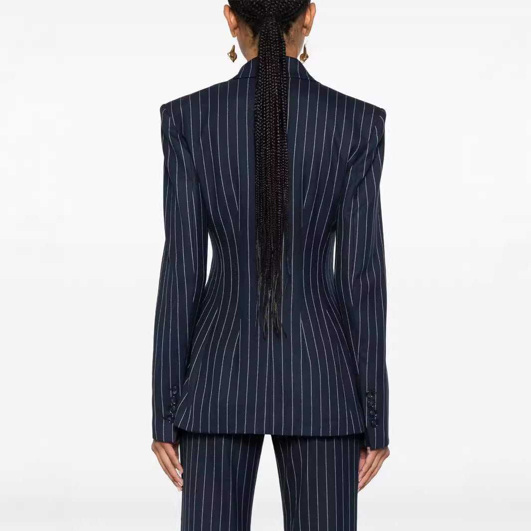 Damen Nadelstreifen Zweireihiger Blazer mit High‑Waist Schlaghose Echoarchiv