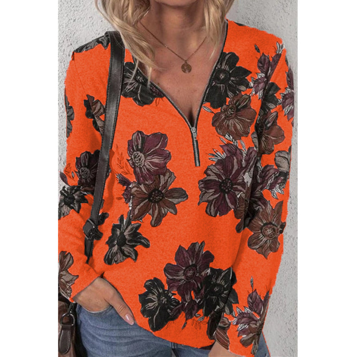 Damen lockeres V-Ausschnitt Longsleeve-Shirt mit kurzem Reißverschluss und floralem Allover-Druck – Orélia
