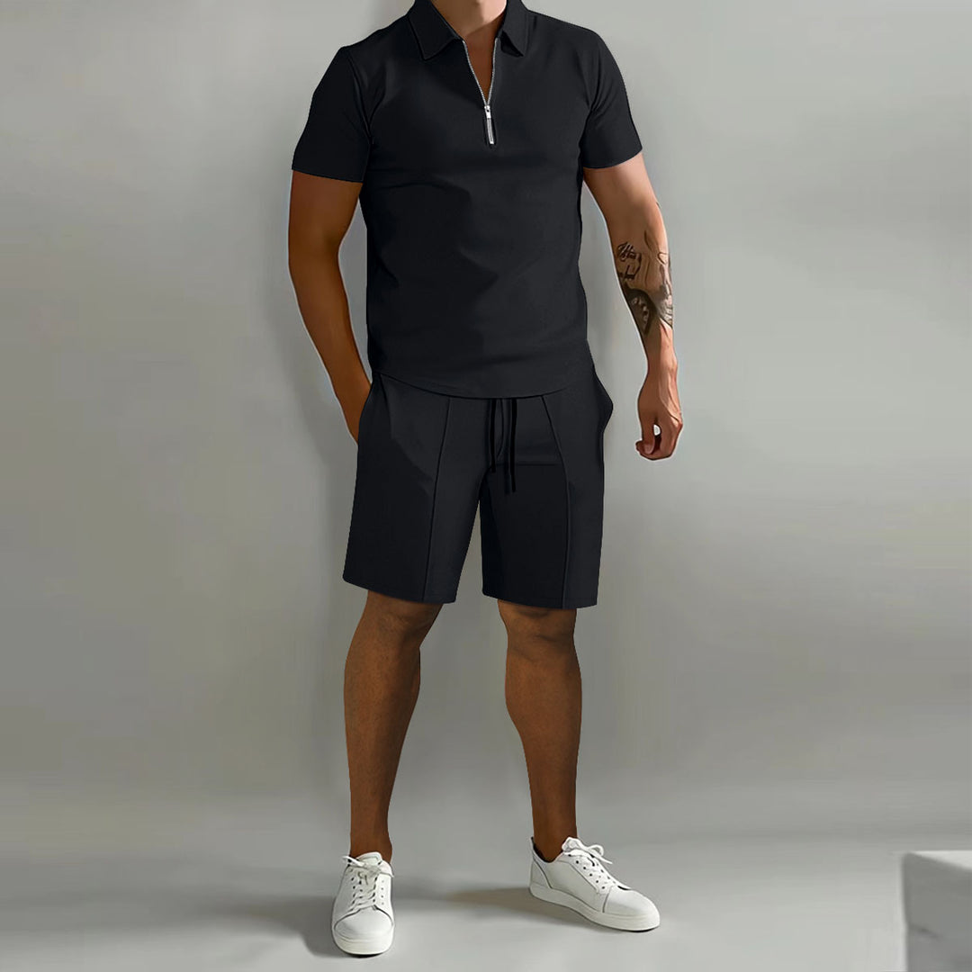 Herren sportliches Kurzarm-Poloshirt mit Reißverschluss und passenden Shorts Echoarchiv
