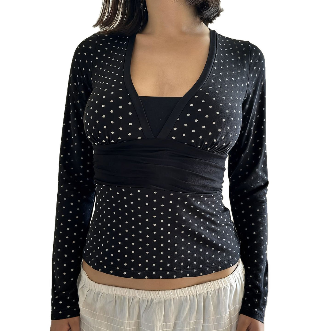 Damen nan taillierte Wickelbluse mit Polka‑Dot Muster, tiefem V‑Ausschnitt und breitem Taillenband Echo Archiv
