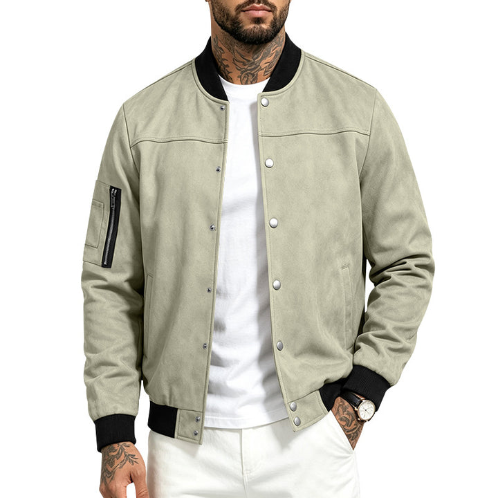 Herren Veloursleder‑Optik Bomberjacke mit Druckknopfleiste, Ärmeltasche und Rippbündchen – Brevano