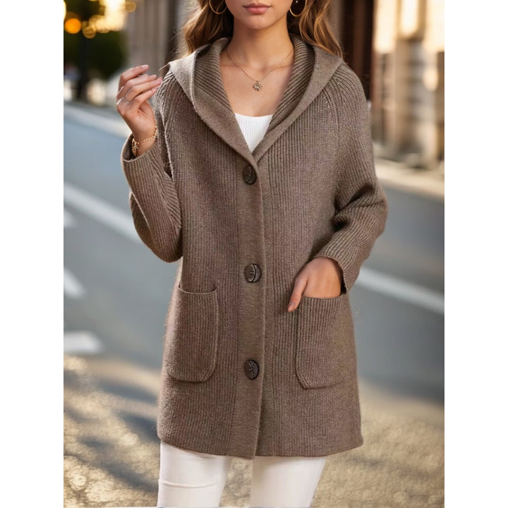 Damen nan lange gerippte Kapuzen-Strickjacke mit aufgesetzten Taschen und markanten Knöpfen Echo Archiv