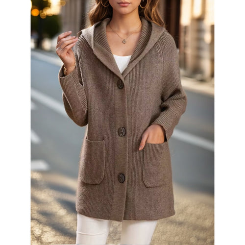 Damen nan lange gerippte Kapuzen-Strickjacke mit aufgesetzten Taschen und markanten Knöpfen Echo Archiv