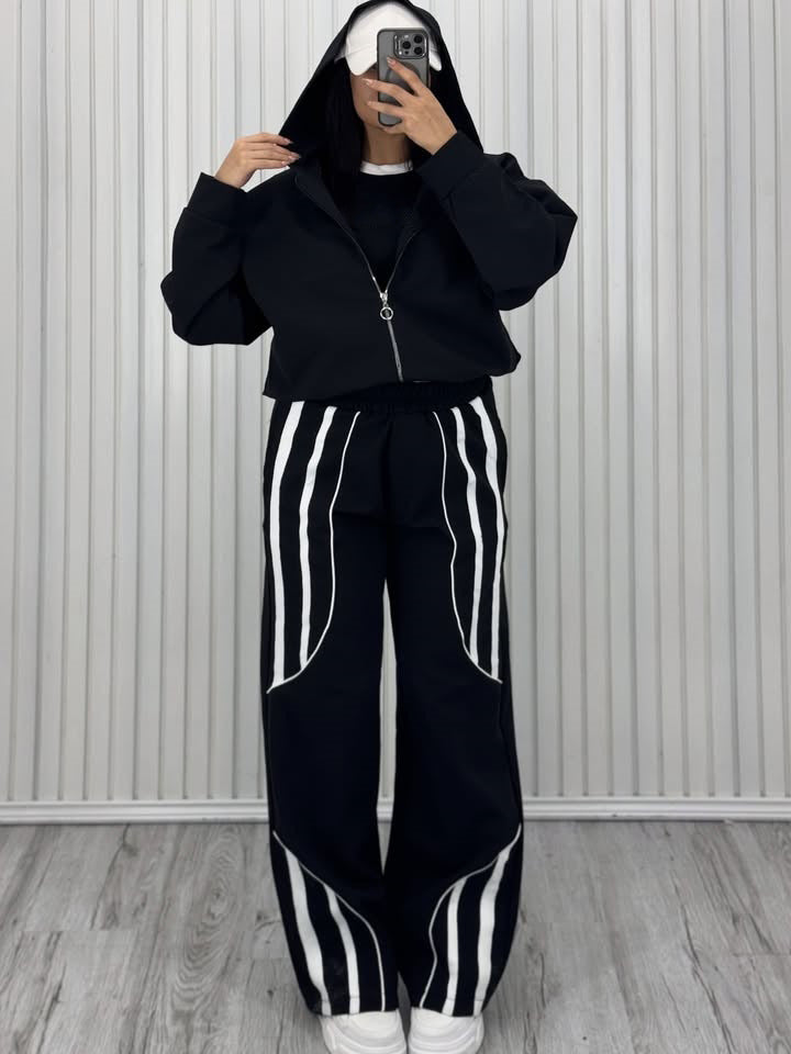 Damen Oversize Kapuzen-Sweatjacke mit Reißverschluss und weitem Trackpant-Set – Auréline