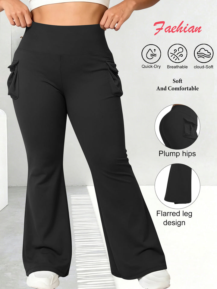 Damen High-Waist Flared-Leggings mit seitlichen Rüschen- und Handytaschen echoarchiv-