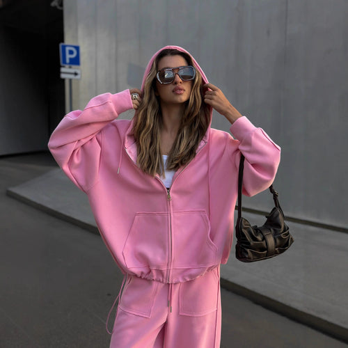 Damen oversized Kapuzenjacke mit Reißverschluss und lässiger Cargo-Loungehose – Auréline