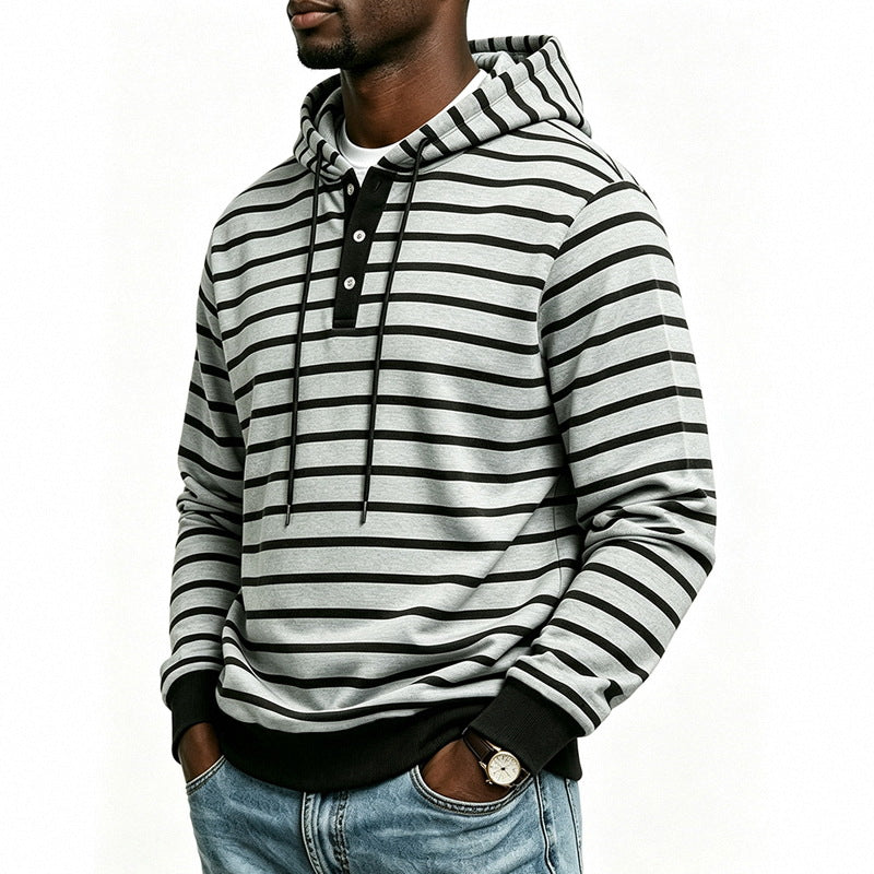 Herren Kapuzenpullover mit Henley-Knopfleiste und feinem Streifenstrukturmuster Echoarchiv
