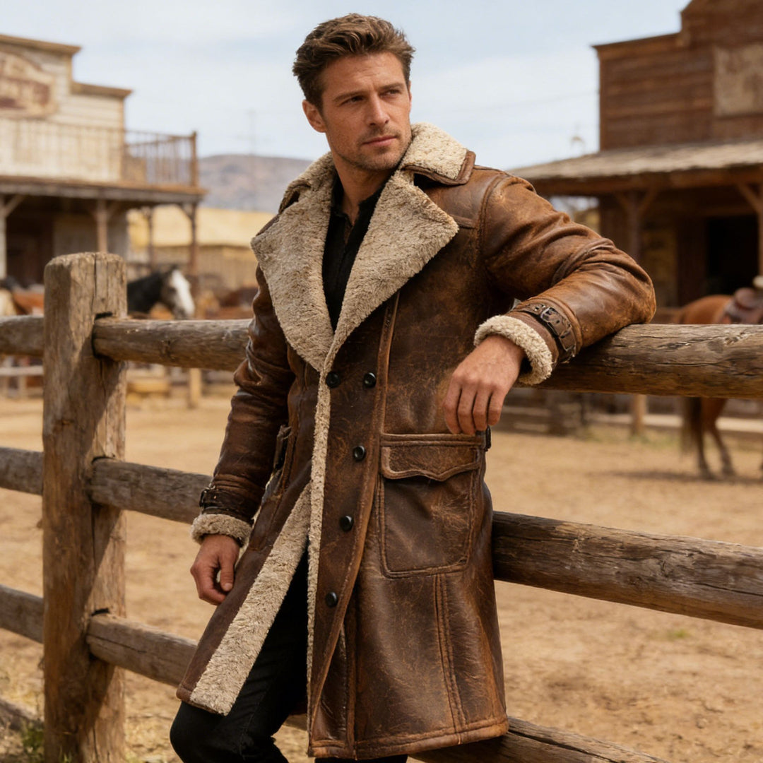 Herren nan langer vintage Biker-Ledermantel mit durchgehendem Sherpa-Futter, Pattentaschen und verstellbaren Schnallenmanschetten Echo Archiv