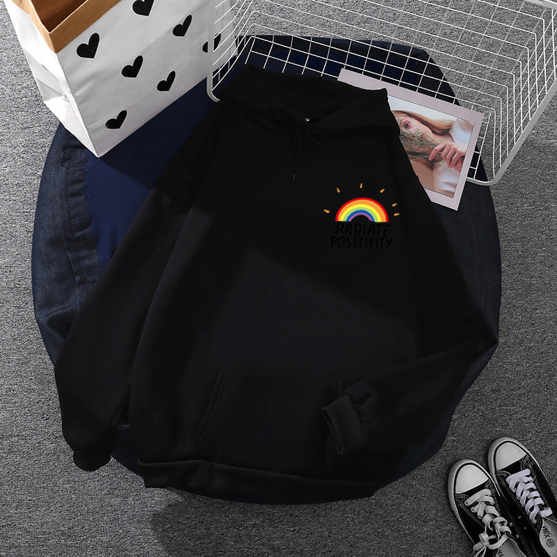 Damen lockerer Kapuzenpullover mit Regenbogen-Motiv, weichem Fleecefutter und Kängurutasche – Auréline