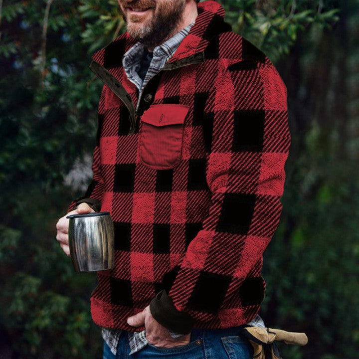 Herren Fleece-Pullover mit Karomuster und Hohem Kragen – Marzano