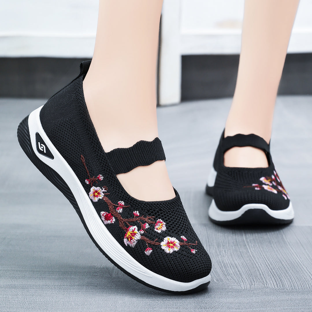 Damen nan bestickter gestrickter Slip-On Sneaker mit Mary-Jane Riemen und stoßdämpfender EVA-Sohle Echo Archiv