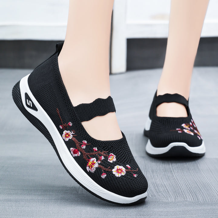 Damen nan bestickter gestrickter Slip-On Sneaker mit Mary-Jane Riemen und stoßdämpfender EVA-Sohle Echo Archiv