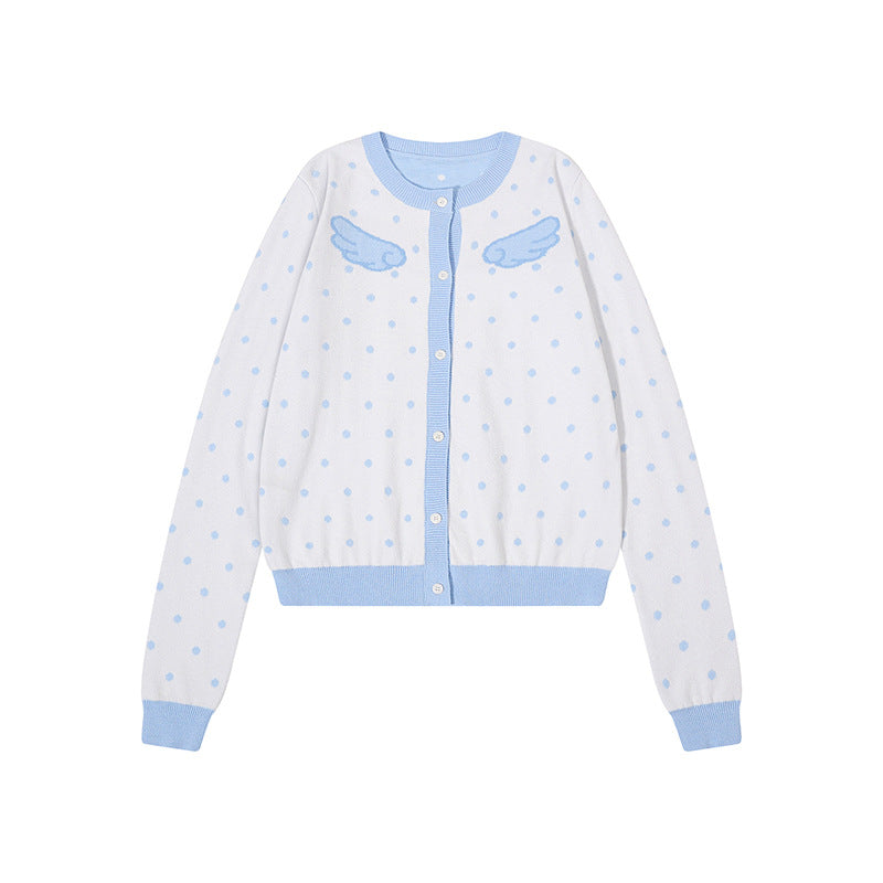 Damen Kurzgeschnittene Punkt-Strickjacke mit Engelsflügel-Motiv und Rippbündchen Echoarchiv
