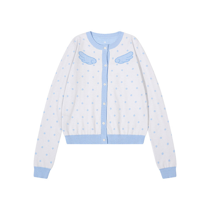 Damen Kurzgeschnittene Punkt-Strickjacke mit Engelsflügel-Motiv und Rippbündchen Echoarchiv