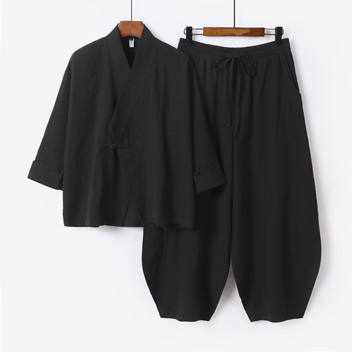 Herren Minimalistisches Kimono-Lounge-Set aus atmungsaktivem Baumwollmix mit ballonförmiger Bundhose Echoarchiv