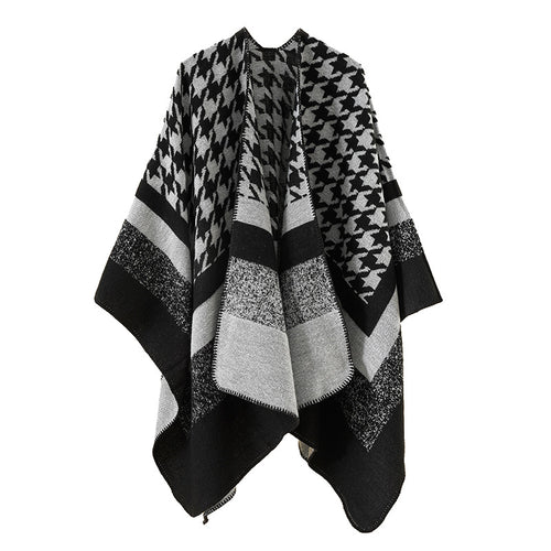 Damen Oversize‑Ruana‑Poncho aus Wollmix mit Hahnentritt- und Blockjacquard – Célinea