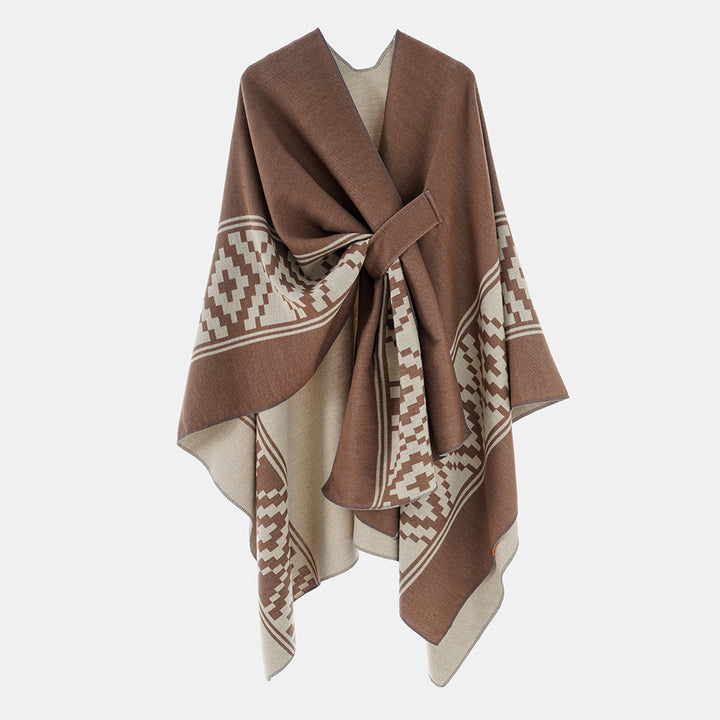 Damen Jacquard‑Ruana mit Bindegürtel und geometrischem Muster – Avérine