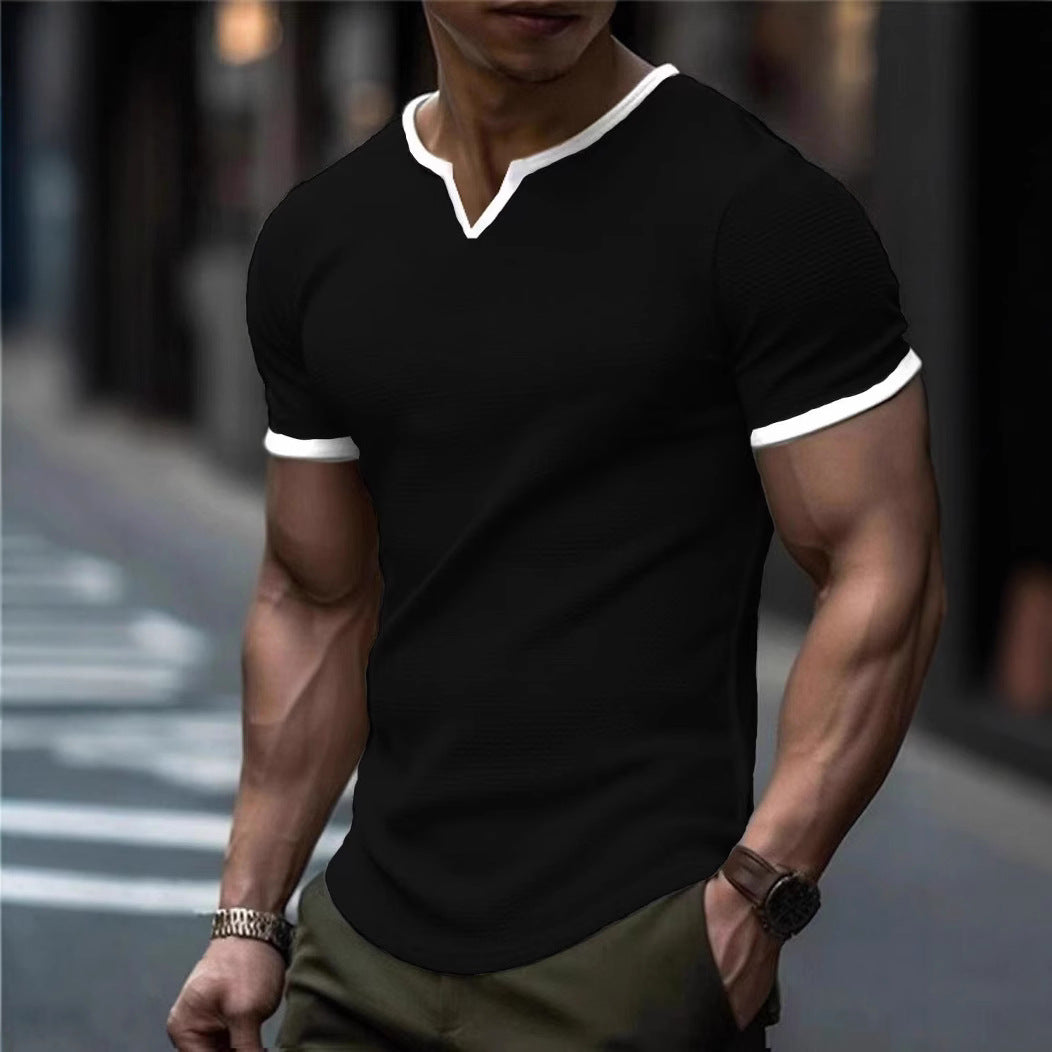 Herren Kurzarm T-Shirt mit strukturiertem V-Ausschnitt und kontrastierenden Ärmeln Echoarchiv
