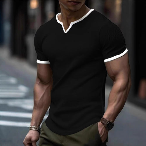 Herren Kurzarm T-Shirt mit strukturiertem V-Ausschnitt und kontrastierenden Ärmeln Echoarchiv