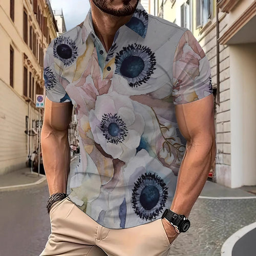 Herren Kurzarm Poloshirt mit floralem Aquarellmuster Echoarchiv
