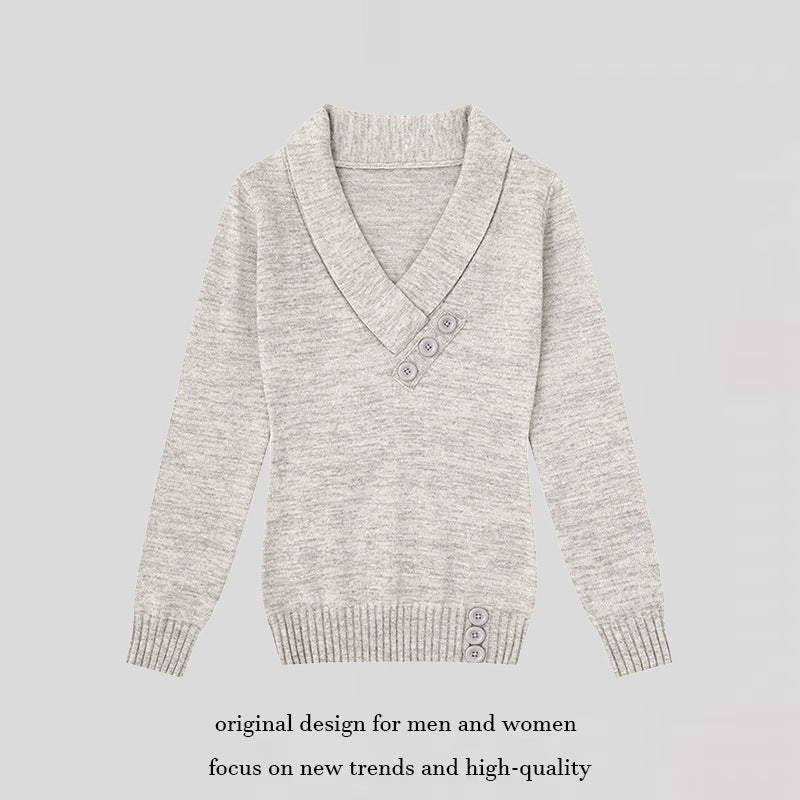 Damen Feinstrick-Pullover mit Schalkragen, V-Ausschnitt und Zierknöpfen Echoarchiv