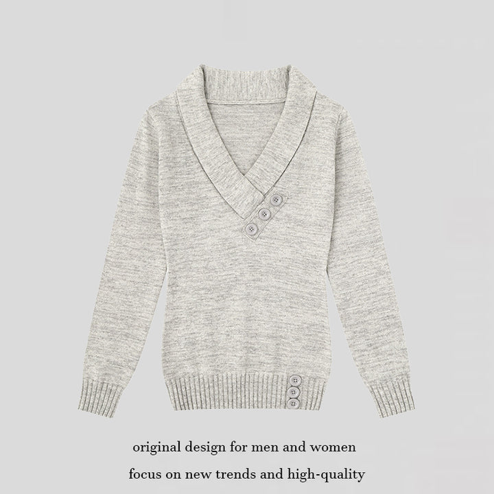 Damen Feinstrick-Pullover mit Schalkragen, V-Ausschnitt und Zierknöpfen Echoarchiv