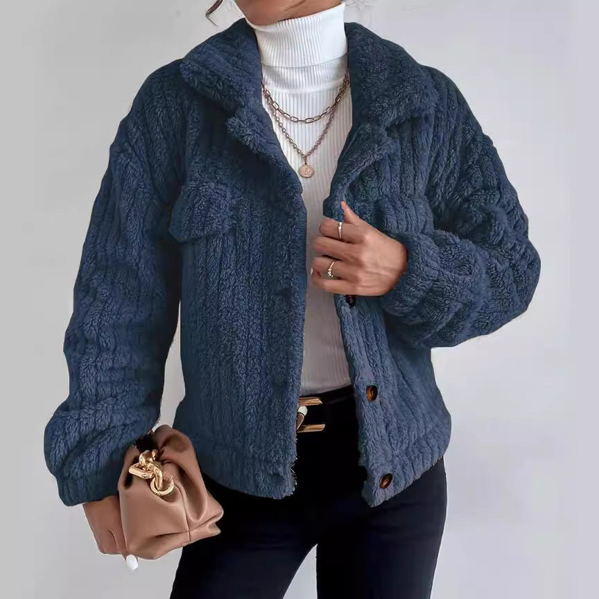 Damen nan kuschelige Teddyjacke mit Hemdkragen, Druckknopfverschluss und aufgesetzten Brusttaschen Echo Archiv