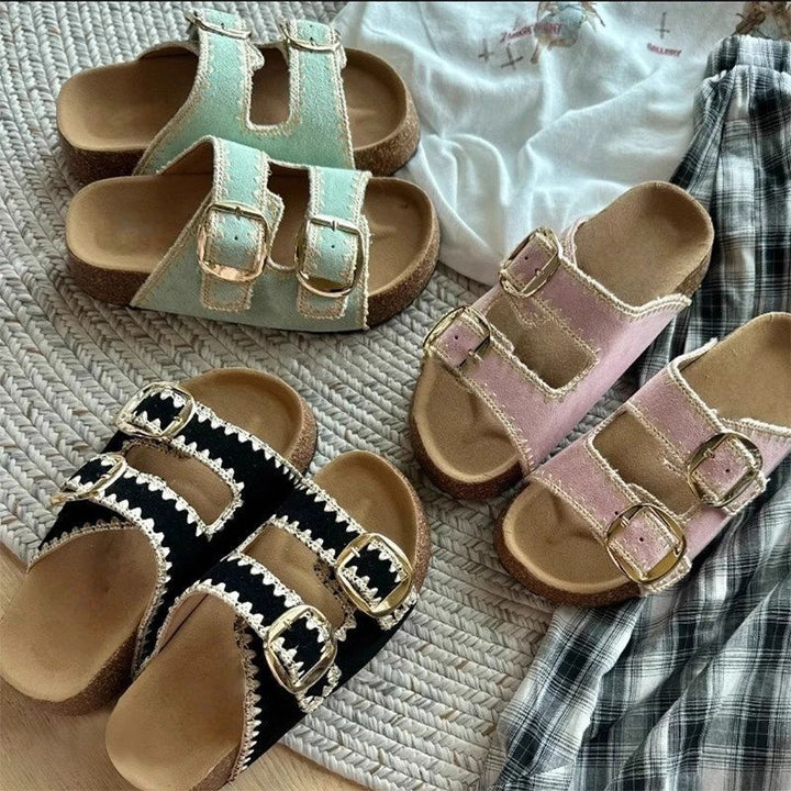 Damen Comfort-Sandalen mit zweifachen verstellbaren Riemen, gepolstertem anatomischem Fußbett und goldener Metallschnalle Echo Archiv