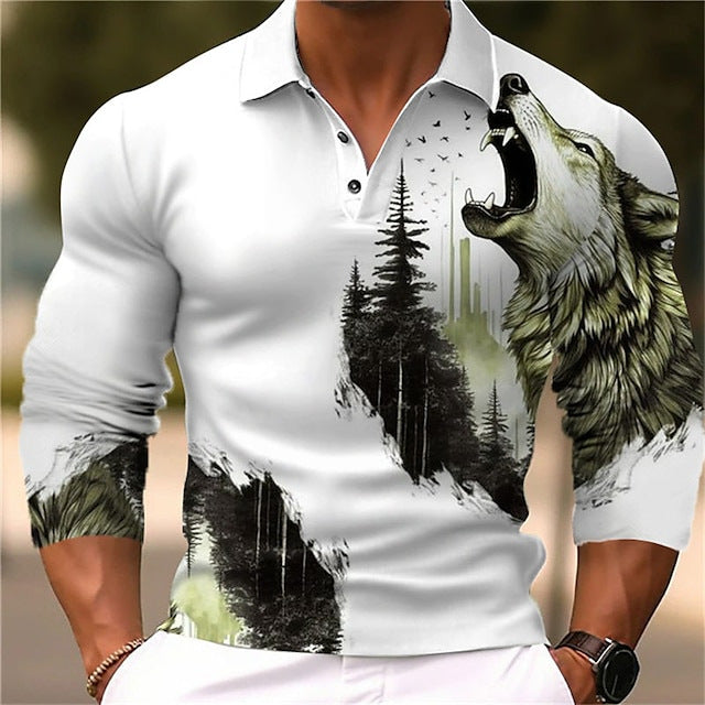 Herren Langarmshirt mit kreativem Wolf-Design und Baum-Muster Echoarchiv