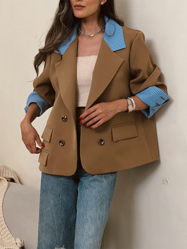 Damen Oversize-doppelreihiger Blazer mit kontrastkragen & aufschlagärmeln Echoarchiv