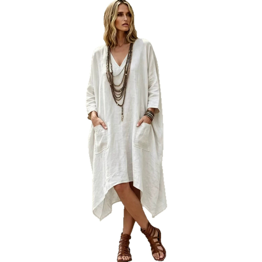 Damen nan Oversize Kaftankleid mit V-Ausschnitt, Eingrifftaschen und asymmetrischem Saum Echo Archiv