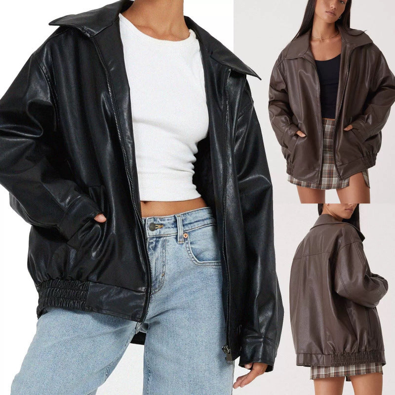 Damen Oversize Kunstleder Blouson mit Reißverschluss und elastischem Saum – Célinea