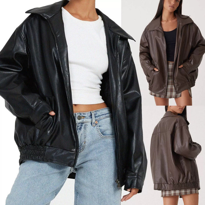 Damen Oversize Kunstleder Blouson mit Reißverschluss und elastischem Saum – Célinea