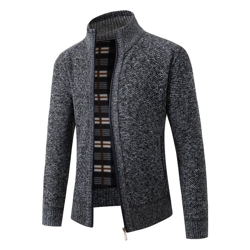 Herren Strukturiertes Zip-Strickjacke mit Karo‑Fleece‑Futter und Stehkragen Echo Archiv