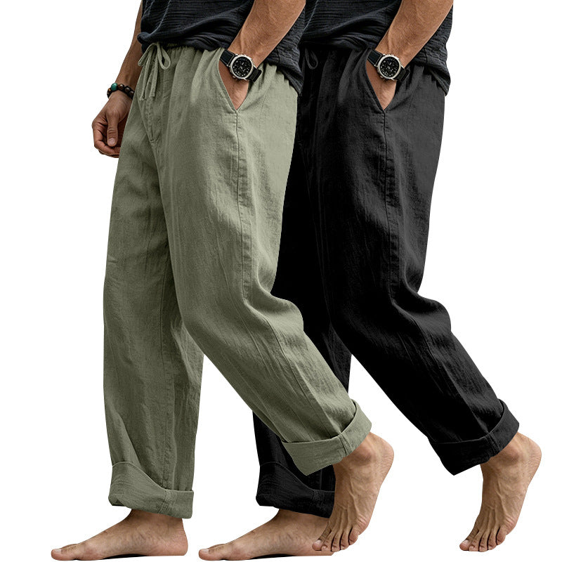 Herren Leinenmix-Loungehose mit elastischem Bund, Kordelzug und lockerer Passform Echoarchiv
