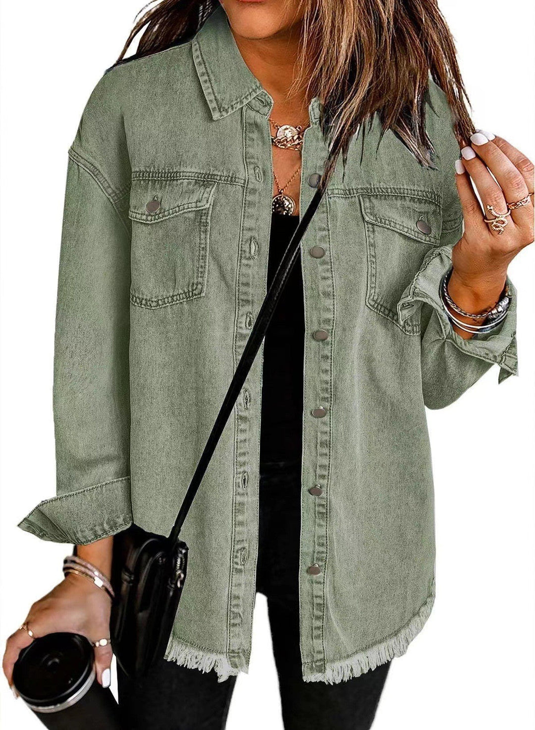 Damen Denim Overshirt mit fransigem Saum und Brusttaschen Echoarchiv